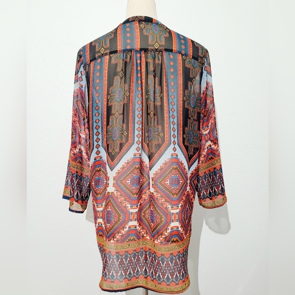 Gibson Latimer Women’s Tunic Top Medium Boho Geometric Print 3/4 Sleeve Sheer - Picture 4 of 11